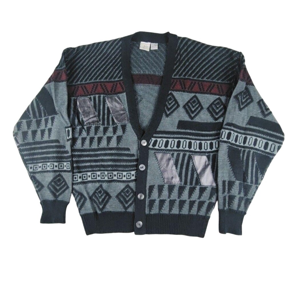 Vintage Ash Creek Trading Sweater Cardigan Mens L Green Geometric Knit Abstract